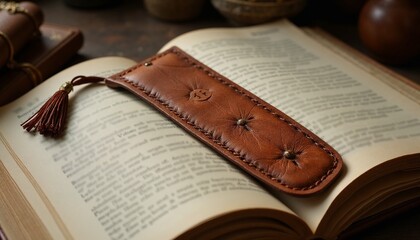 Leather bookmark with tassel on open vintage book page with soft shadows