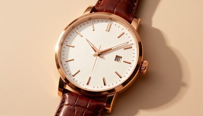 Luxury wristwatch with brown leather strap on soft beige background with copy space