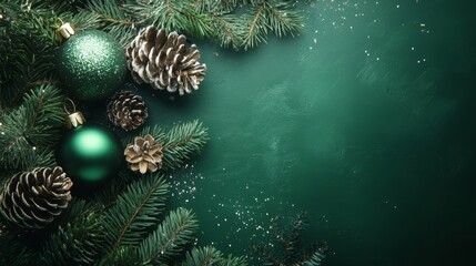 Christmas background. decorated with pine branches, pinecones, ball and shiny ornaments, perfect for a holiday-themed design.