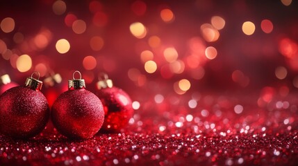 Fototapeta premium red Christmas ball ornaments set against a sparkling background, evoking a festive and joyful holiday spirit.