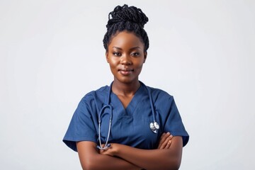 Black nurse in scrubs on white background.