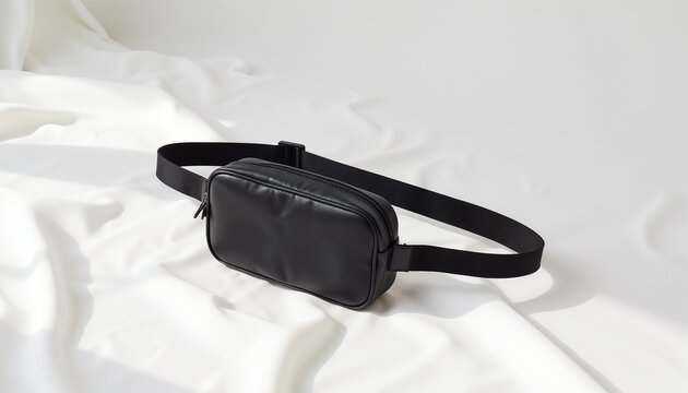 Unique belt bag on smooth white background with copy space