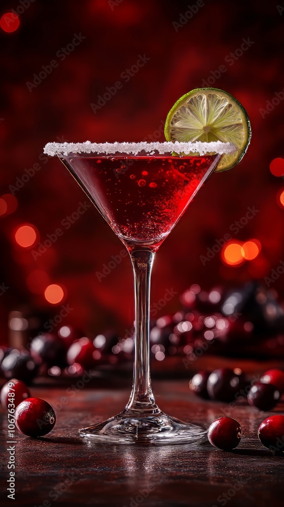 Poster a deep red cranberry martini topped with a slice of lime and sugared rim, floating in the air with e