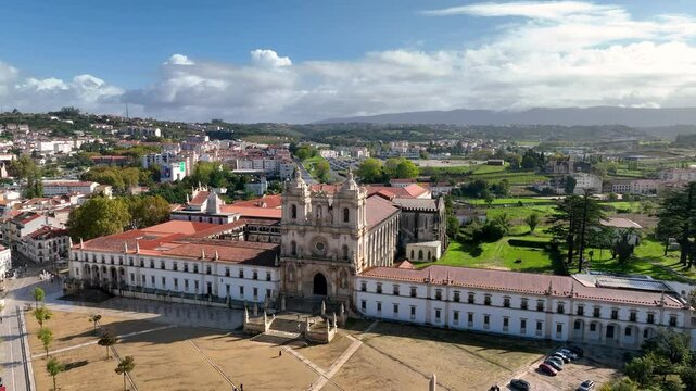 4k Aerial view of Alcobaca Monastery or Alcobasa Monastery, a Catholic monastic complex in Alcobaca, Leiria, Portugal