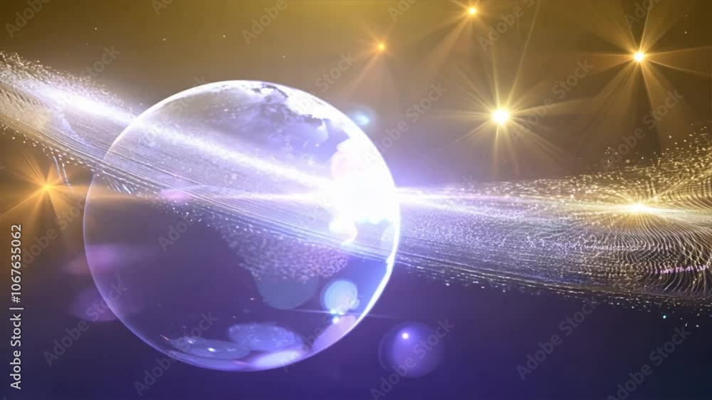Poster stunning abstract visual of glowing globe in space, illuminated by bright light trails, showcasing d