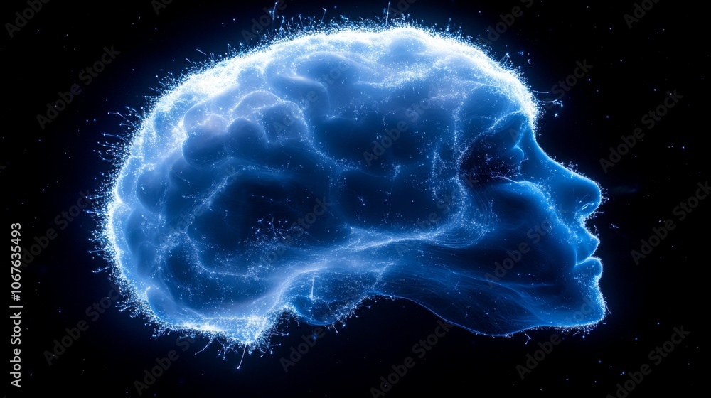 Poster silhouette of a brain with electric sparks illustrating neural activity and cognitive processes