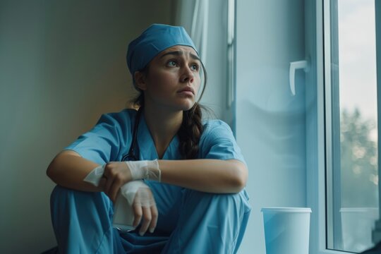 Stressed nurse takes coffee break in busy hospital.