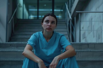 Obraz premium Stressed female healthcare worker sits on hospital stairs.