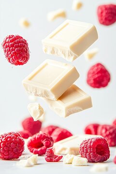 Fresh raspberries with white chocolate pieces levitating white background. Food photography and dessert concept. Image for confectionery and bakery advertisement. 