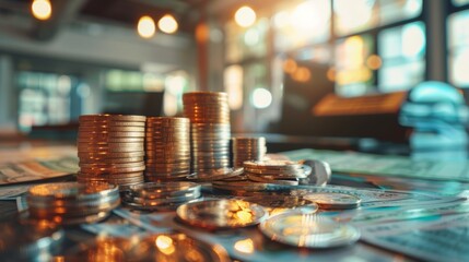 Stacks of coins and currency in warm lighting