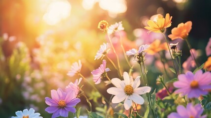 Obraz premium A field of colorful wildflowers basking in the warm glow of a sunset.