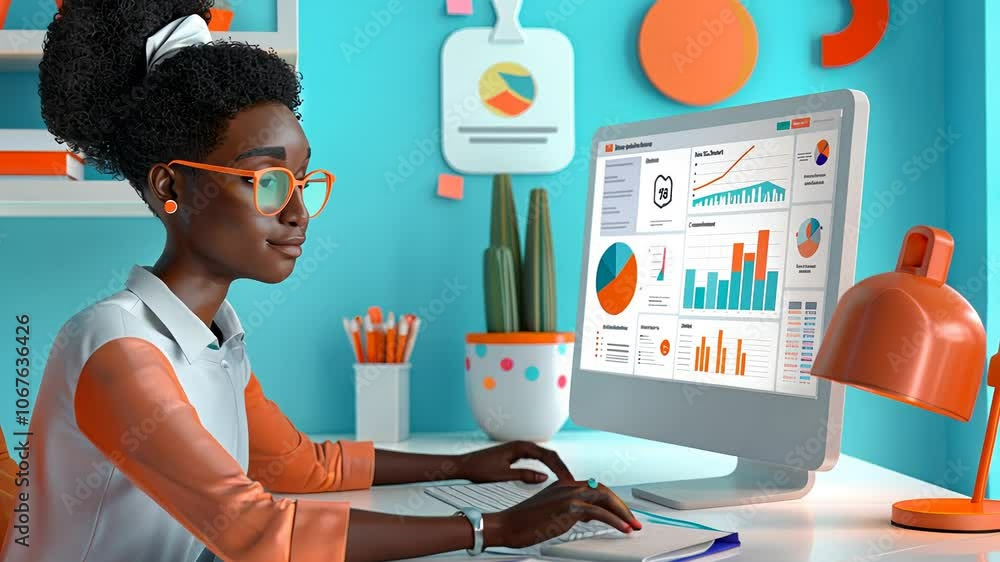 Poster a focused individual analyzes colorful data charts on a computer in a vibrant office setting, surrou