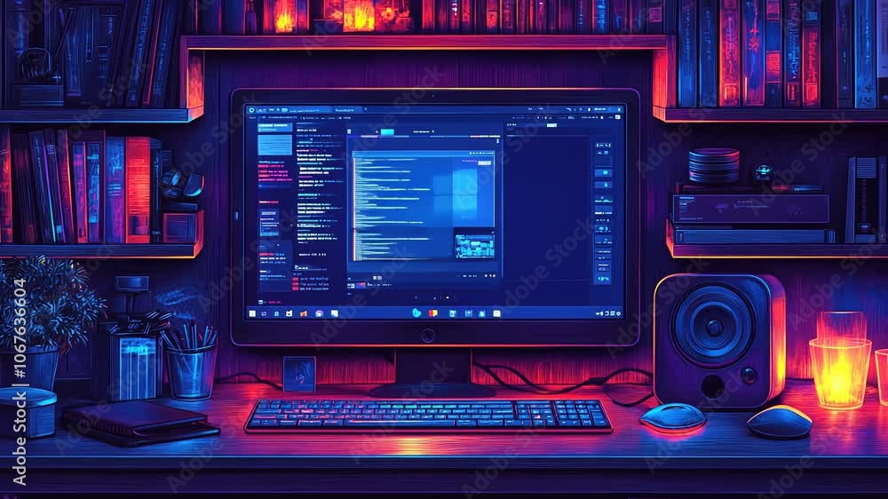 Poster a cozy workspace is illuminated by colorful lights while a focused individual works on a computer, s