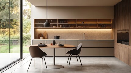 Modern Kitchen with Wooden Cabinets and Dining Table