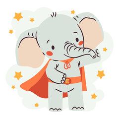 Flat vector illustration in children's simple style. Cute elephant in superhero costume. White background . Vector illustration