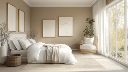 Minimalist Bedroom Interior with White Bed, Rattan Chair, and Golden Frames