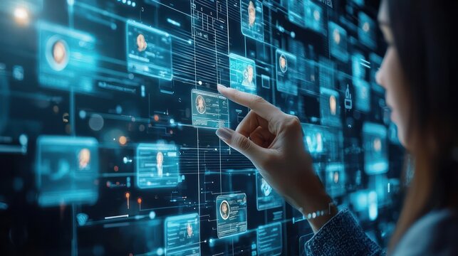 Human resources information system with a specialist marketplace concept, shown through a digital touch screen displaying personal cards 