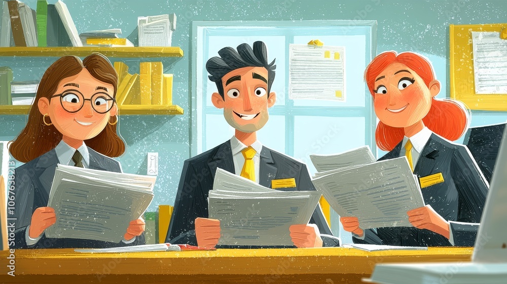 Aufkleber team of managers collaborate enthusiastically to review performance reports in a colorful office set
