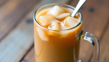 A glass mug that's been filled with an iced caramel-flavored coffee drink, complete with a splash of milk on top and a spoon that's been placed inside.