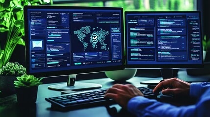 the Dynamic Role of Technology in Modern Business Management A Colorful Papercut Style Illustration of a Manager Navigating Data on Dual Monitors