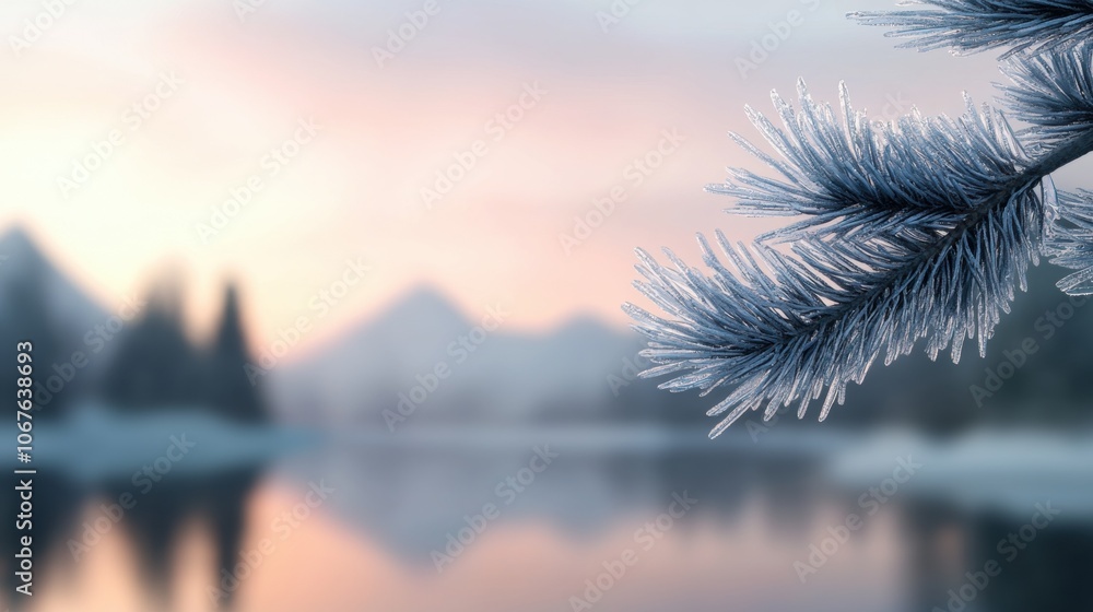 Poster a frozen branch of a pine tree is shown in front of a lake