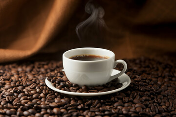 Fototapeta premium Cup on coffee beans, steam rising in inviting coffee scene