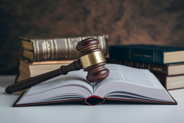Gavel on book pages, symbolizing justice and authority