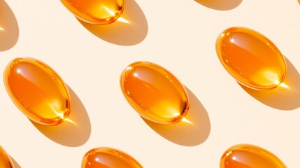 Fish oil omega 3 capsules pattern on beige background. Vitamin supplement concept. Image for medical product and pharmacy banner background.