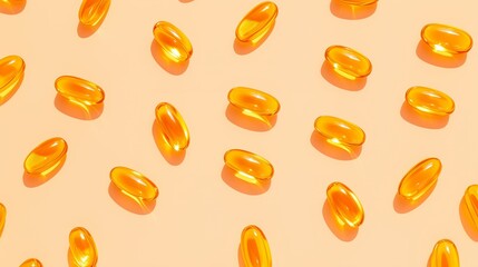 Fish oil omega 3 capsules pattern on beige background. Vitamin supplement concept. Image for medical product and pharmacy banner background.