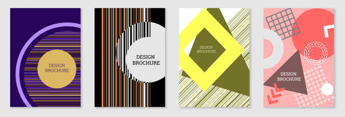 Set of cover design in Memphis style. Geometric design, abstract background. Fashionable bright cover, banner, poster, booklet. Creative colors.