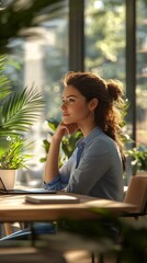 Fototapeta premium A young woman thoughtfully considers ideas while working on her laptop in a bright, green workspace