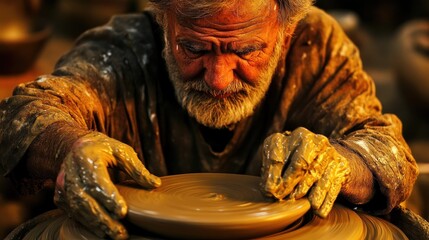 An elderly potter with a white beard works on a pottery wheel, shaping clay into a dish.