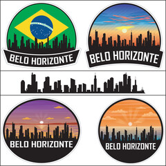Obraz premium Belo Horizonte Skyline Brazil Flag Cityscape Silhouette Travel Souvenir Sticker Sunset Vector