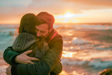 A couple hugging each other on a beach at sunset, looking content and relaxed, with the ocean in the background