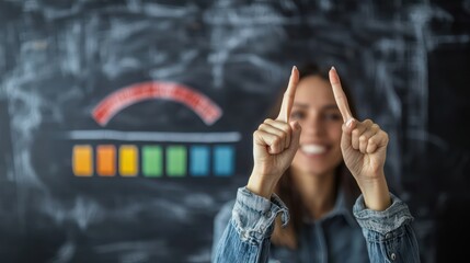 Bank loan concept with a businesswoman crossing her fingers in front a credit score scale on a blackboard, symbolizing hope and financial management in the loan process