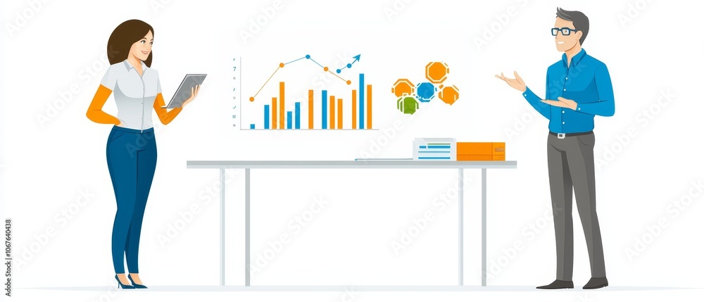 Poster Admin Discusses Business Strategies in a Meeting with Visual Data Presentation and Collaborative Insights