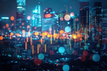 Abstract glowing big data forex candlestick chart against a blurry city backdrop, representing trade, technology, and financial analysis through double exposure