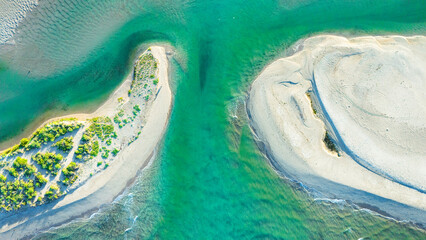 Overhead view of the beautiful El Soldado estuary in San Carlos Sonora, Mexico. The blue-green...