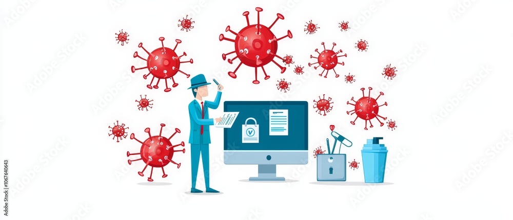 Poster admin configures security settings on computer amidst covid-19 challenges using flat design illustra