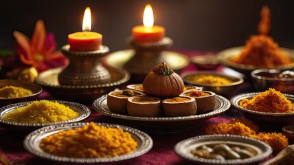 A table with treats for the Diwali diyas holiday