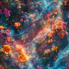 An ethereal landscape of vibrant flora and swirling nebulae, rendered