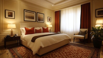 Obraz premium Luxurious Bedroom with Large Bed, Red Curtains, and Animal Print Rug