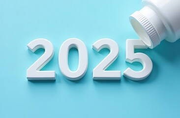 2025 Merry Christmas. White Year Numbers with Medicine Bottle on Blue Background.