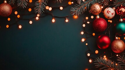 Festive Christmas ornaments and string lights on a dark background

