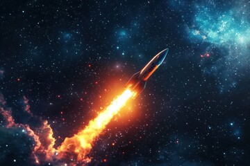 Startup and breakthrough concept with a rocket launching into space, representing new ventures and innovative ideas through generative AI