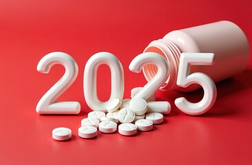 2025 Merry Christmas. White Year Numbers with Bottle and Pills on Red Background.