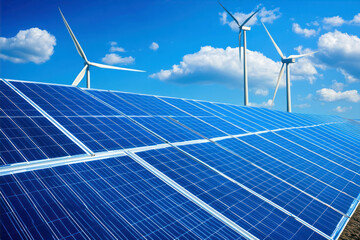 Handdrawn Blue Sketch Depicting Solar Panels and Wind Turbines Under a Clear Sky