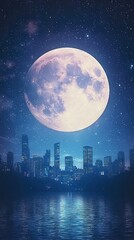 A serene night view of a city skyline under a large, luminous moon.
