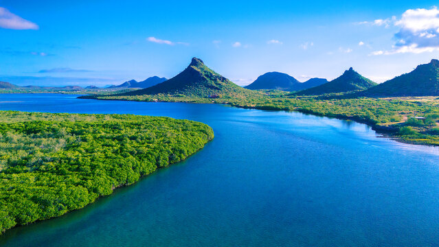 Landscape of the beautiful El Soldado estuary in San Carlos Sonora, Mexico. A unique paradisiacal scenery where sand, mangrove, salt and fresh water come together in a wonderful habitat for wildlife.