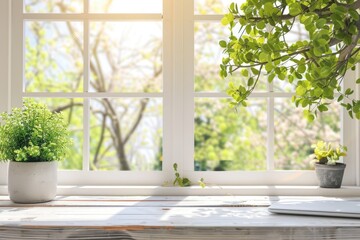 Fototapeta premium Desk with green plant and spring view through window.